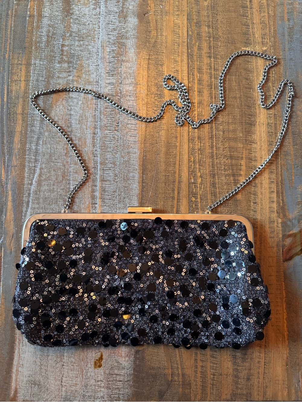 Black Sequin Evening Clutch with Chain Strap